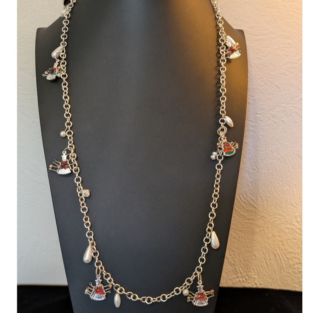 Coldwater Creek Holiday Christmas Tree Faux Pearl Silver Tone Long Necklace